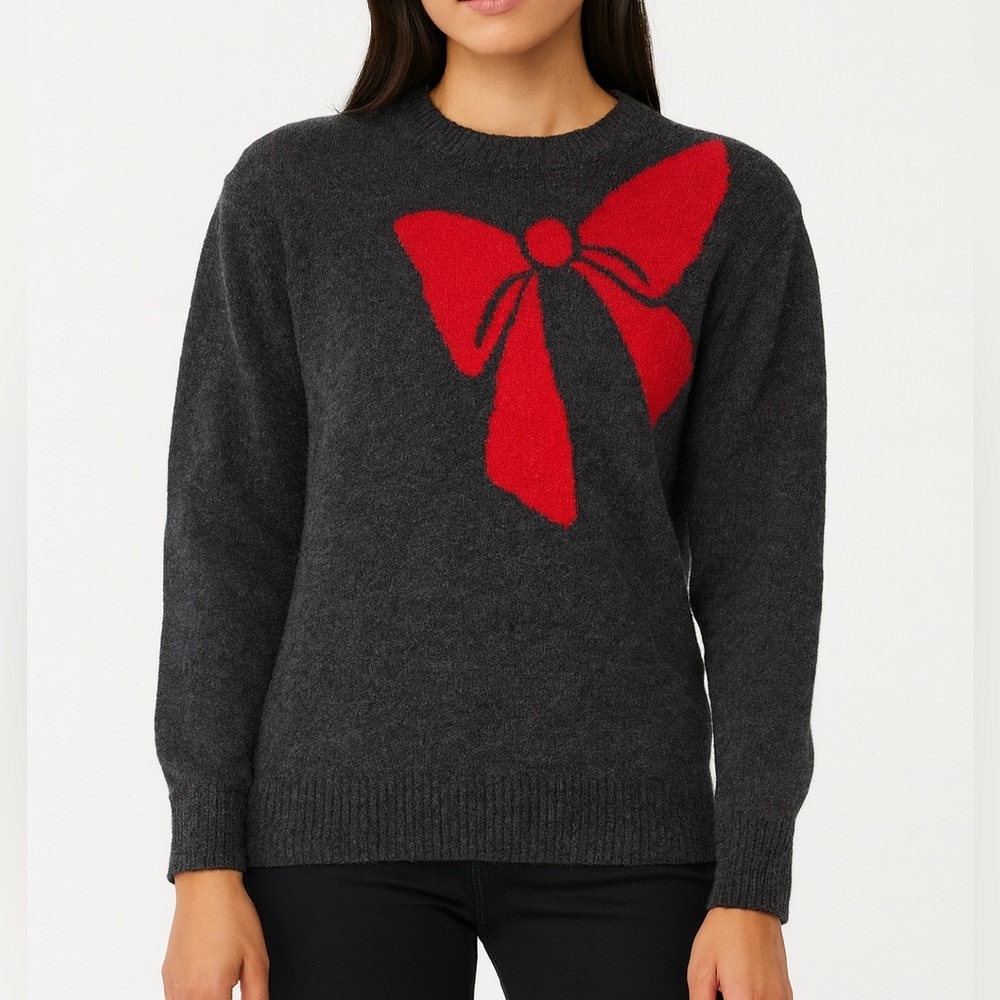 LOFT Charcoal Sweater with Bold Red Bow